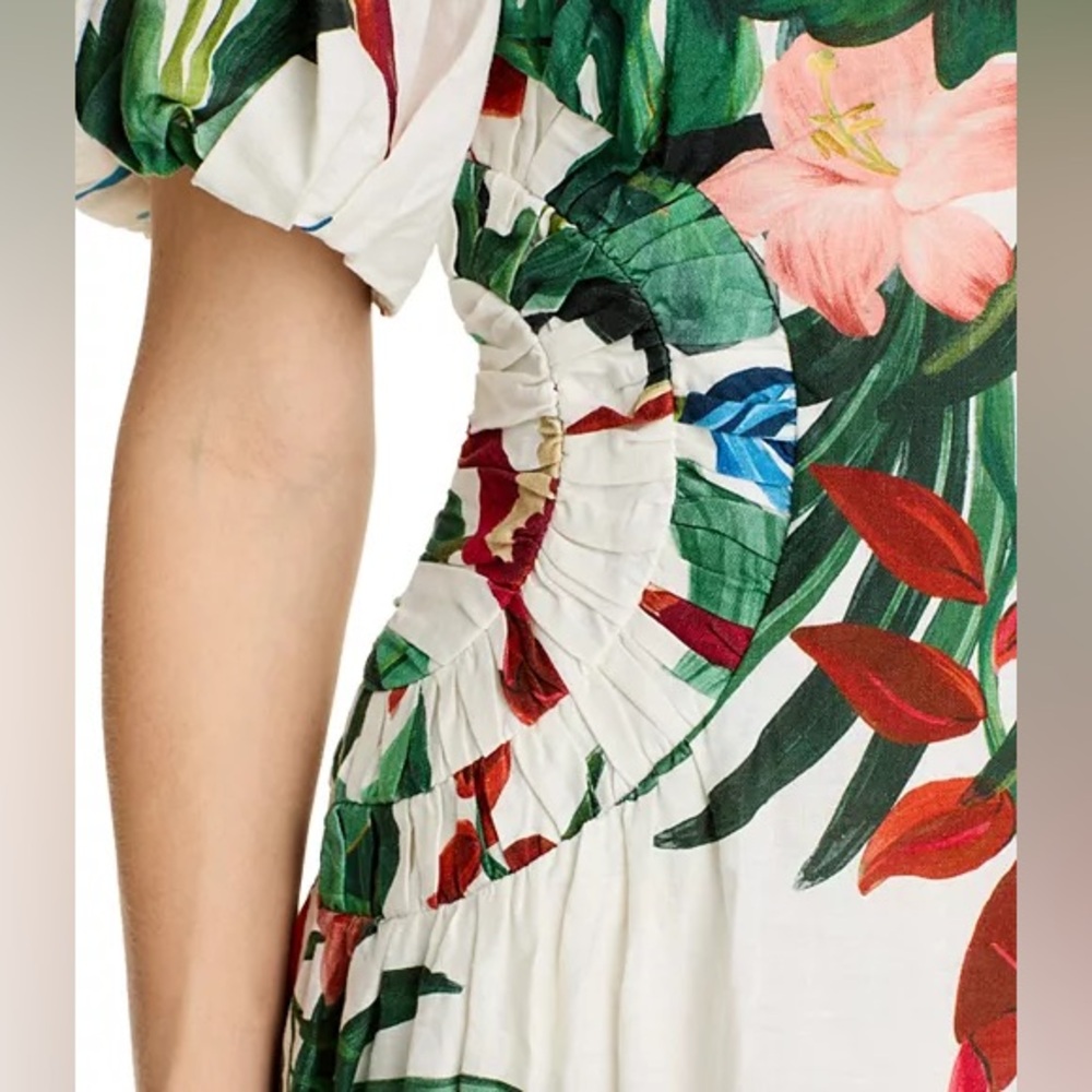NWT Farm Rio Midnight Macaw Fiesta Linen Blend Puff-Sleeve Midi Dress Size M - Picture 8 of 12